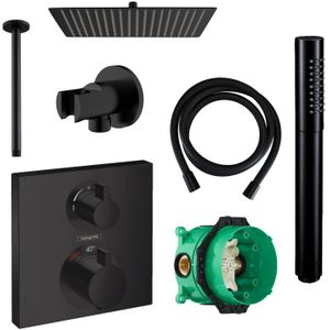 Hansgrohe ecostat regendoucheset inbouw plafonduitloop met handdouche en hoofddouche 20 cm thermostaat vierkant zwart