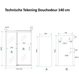 Bws douchecabine softclose 2.0 140x80 cm met nisdeur en zijwand 8 mm aluminium nano coating