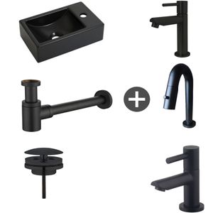 Fonteinpack Houston Rechts Mat Zwart Keramiek 37x23 cm Mat Zwart (Keuze uit 4 kranen)