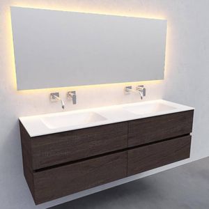 Badkamermeubel solid surface bws oslo 150x46 cm dubbel wood dark brown 4 laden (0 kraangaten)