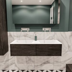 Badkamermeubel BWS Madrid Dark Brown 120x45x30 cm Mat Witte Solid Surface Wastafel Dubbel (2 lades, 0 kraangaten)