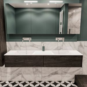 Badkamermeubel BWS Madrid Dark Brown 180x45x30 cm Mat Witte Solid Surface Wastafel Dubbel (2 lades, 0 kraangaten)
