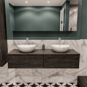 Badkamermeubel BWS Madrid Dark Brown 150 cm met Topblad en Keramische Waskom Rechts (2 lades, 2 kraangaten)