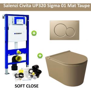 Geberit UP320 Toiletset Compleet | Inbouwreservoir | Wandcloset Salenzi Civita Mat Taupe | Drukplaat