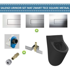 Salenzi Urinoir Set Hung Achterinlaat Mat Zwart met TECE Square Drukplaat Metaal