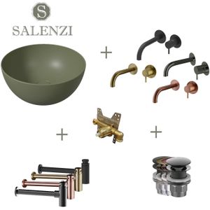 Salenzi Waskomset Unica Round 40x20 cm Mat Legergroen (Keuze uit 4 Kleuren Kranen)