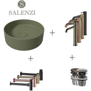 Salenzi Waskomset Hide Circle 40x12 cm Incl Hoge Kraan Mat Legergroen (Keuze Uit 4 Kleuren Kranen)