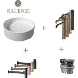 Salenzi waskomset hide circle 40x12 cm incl hoge kraan mat wit (keuze uit 4 kleuren kranen)