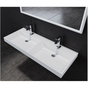 Wastafel Sanilux 120x47x8cm Solid Surface Met Dubbele wasbak (2 Kraangaten)