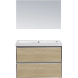 Badkamermeubel sanilux pl 60 greeploos incl spiegel en wastafel light wood multiplex 60x47x50 cm