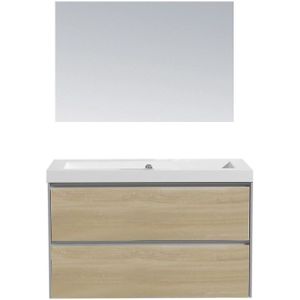 Badkamermeubel sanilux pl 80 greeploos incl spiegel en wastafel light wood multiplex 80x47x50 cm