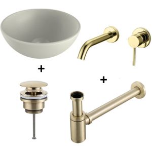 Waskomset BWS Rond 26x12 cm Keramiek Mat Wit / Goud (inclusief kraan, afvoer en sifon)