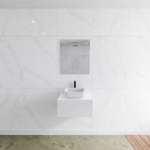 Badkamermeubelset mondiaz lagom 60 cm met topblad gecentreerde wastafel solid surface opzetkom binx met 1 kraangat mat wit