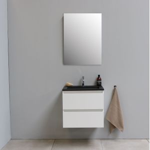 Badkamermeubel bws pepper acryl wastafel mat zwart met kraangat inclusief spiegel 60x55x46 cm wit