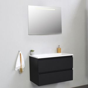 Badkamermeubel bws pepper acryl wastafel incl spiegel met led verlichting zonder kraangat 80x55x46 cm mat zwart