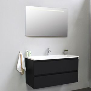 Badkamermeubel BWS Pepper Acryl Wastafel Incl Spiegel Met LED Verlichting Met Kraangat 100x55x46 cm Mat Zwart