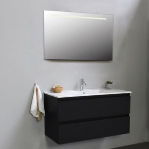 Badkamermeubel bws pepper wastafel porselein incl spiegel met led verlichting en kraangat 100x55x46 cm mat zwart