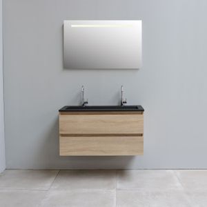 Badkamermeubel bws pepper acryl wastafel mat zwart incl spiegel met led verlichting met 2 kraangaten 100x55x46 cm eiken