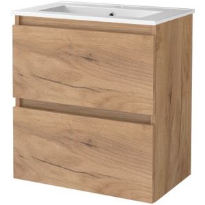 Badmeubelset BWS Salt 60x39cm Greeploos 2 Lades Met Wastafel 1 Kraangat Whisky Oak