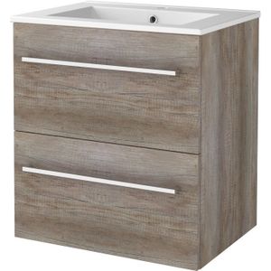 Badmeubelset bws salt 60x46 cm met grepen 2 lades met wastafel 1 kraangat scotch oak