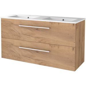 Badmeubelset Aquasplash Salt 120x46cm Met Grepen (Kleurkeuze) 2 Lades Met Wastafel Porselein 2 Kraangaten Whisky Oak Aquasplash