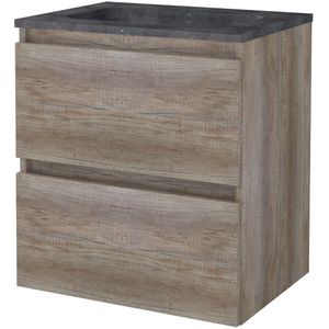 Badmeubelset bws salt 60x46 cm greeploos 2 lades met wastafel hardsteen scotch oak