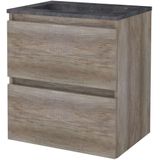 Badmeubelset bws salt 60x46 cm greeploos 2 lades met wastafel hardsteen 1 kraangat scotch oak