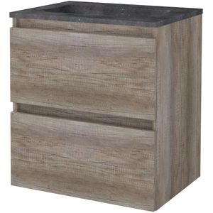 Badmeubelset bws salt 60x46 cm greeploos 2 lades met wastafel hardsteen 1 kraangat scotch oak