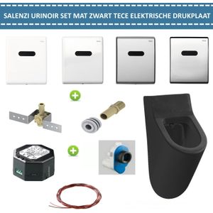 Salenzi Urinoir Set Hung Achterinlaat Mat Zwart met TECE Drukplaat Elektronisch Adaptor