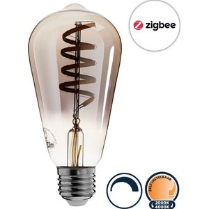 Zigbee E27 led lamp, filament edison (ST64), Touchlink, Dimbaar, 2000K-4000K lichtkleur zelf instelbaar, Smokey glas, 5W