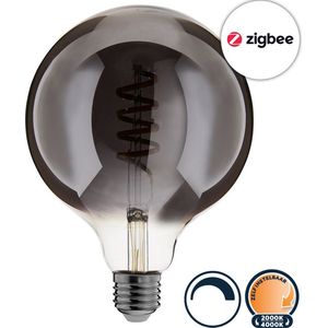 Zigbee E27 led lamp, filament globe (G125), Touchlink, Dimbaar, 2000K-4000K lichtkleur zelf instelbaar, Smokey glas, 5W