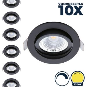 Voordeelpak 10x Led inbouwspot badkamer zwart, warm wit (2700K), kantelbaar, 5W vervangt 50W, zaagmaat Ø75mm, buitenmaat Ø85mm, 23mm diep