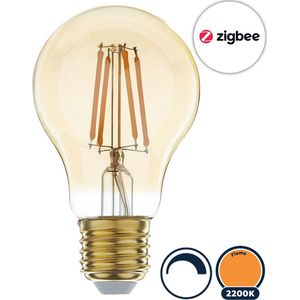Zigbee E27 led lamp, filament bulb (A60), Touchlink, Dimbaar, 2200K/Flame lichtkleur (extra warm licht), Amber glas, 5W