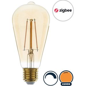 Zigbee E27 led lamp, filament edison (ST64), Touchlink, Dimbaar, 2200K/Flame lichtkleur (extra warm licht), Amber glas, 5W