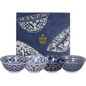 Tokyo Desig Studio - Mixed Bowls - Blue Designs - 15x7 cm, 550 ml - Set van 4 kommen in luxe geschenkdoos