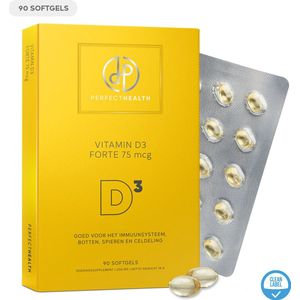 Perfect Health - Vitamine D3 Forte 75 mcg - 90 softgels â€“ vitamine D Hoge dosis - Goed voor immuunsysteem, botten, spieren en celdeling â€“ Vrij van gluten, gist, lactose en conserveringsmiddelen