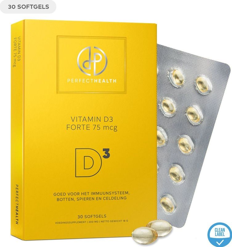 Perfect Health - Vitamine D3 Forte 75mcg - 3000iu Hoge Dosering - Voor Volwassenen - 30 Softgel Capsules - Goed voor immuunsysteem, Weerstand, botten, spieren en celdeling