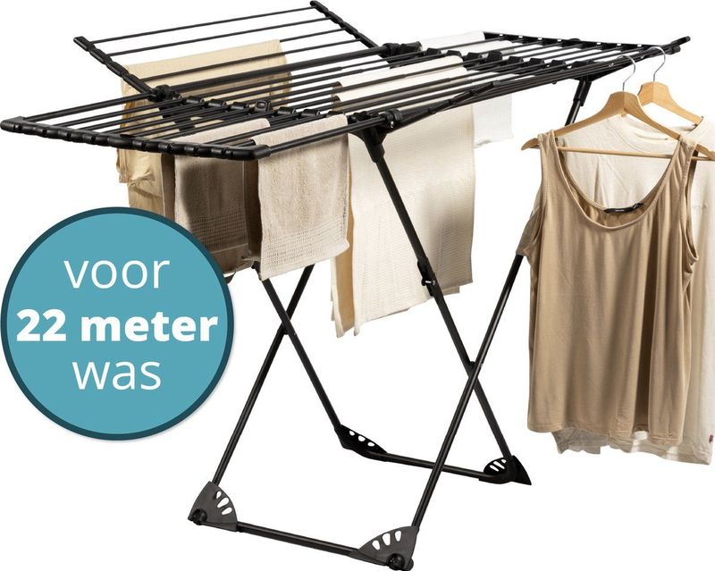 Homra - Inklapbaar Droogrek - Zwart - Tot 22m Was - Ruimtebesparend - 182x97x103 CM