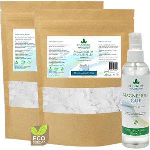 Ré-genesis Magnesiumolie 200 ml spray en 4 kg Magnesium Badkristallen Vlokken – Magnesium Badzout – Voetenbad - Magnesiumchloride voor spieren