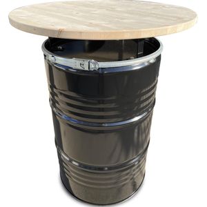 Barrelkings industrieel metalen 200/210 liter Olievat- Vuurton statafel| Bar tafel| Hangtafel met gelakt houten blad| 80x105 cm| Deksel/tafelblad afneembaar