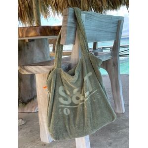 Badstof strandtas olijfgroen - XXL tas 50x65 cm.- terry shopper -hengels - afsluitbaar binnenzakje - 100% katoen/badstof