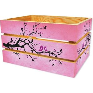 Houten Fietskrat Vogeltjes Roze