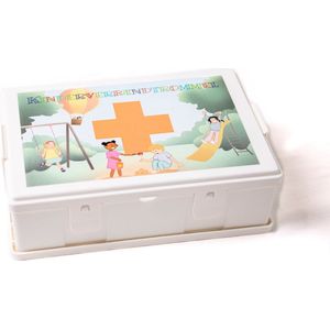 Fixfirst - Kinder verbandtrommel met leuke kinderpleisters - inclusief wandbeugel - complete verbanddoos.