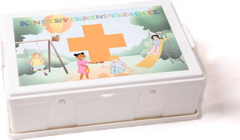 Fixfirst - Kinder verbandtrommel met leuke kinderpleisters - inclusief wandbeugel - complete verbanddoos.