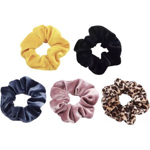Kraagjeskopen.nl - Scrunchie 5 stuks Velvet - haarelastiek - geel - zwart - blauwgrijs - oudroze - panterprint bruintinten