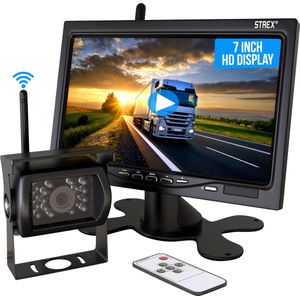 Strex Achteruitrijcamera Set Draadloos - 7 Scherm - 18LED Nachtzicht 15m - IP67 Waterdicht - Achteruitrij Camera - Geschikt voor Auto/ Camper /