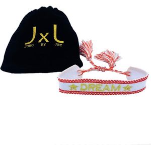 Jobo by JET - Stoffen Armband Dames - Met tekst - Lengte Verstelbaar - Rood Goud Wit