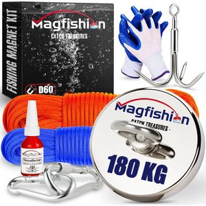 Magfishion Magneetvissen Mega Set 180 KG - Vismagneet - 2x Touw + Karabijnhaak met Schroefsluiting - Dreghaak - Handschoenen - Borgmiddel - Magneet Vissen - Outdoor - Magneetvissen Kinderen