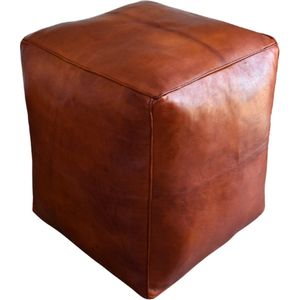 Leren poef (XL) - Cognac bruin - Vierkante poef - Handgemaakt - Gevuld geleverd - Poufs&Pillows