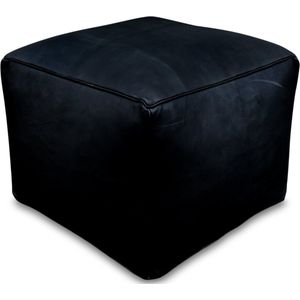 Leren poef zwart - Vierkante poef - Handgemaakt in Marokko - 40x40x35 - Gevuld geleverd - Poufs&Pillows
